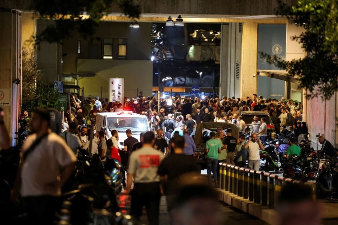 People gather outside the American University of Beirut Medical Center after more than 1,000 people were injured when the pagers they use to communicate exploded in Beirut, Lebanon, on September 17. Credit: Mohamed Azakir/Reuters.