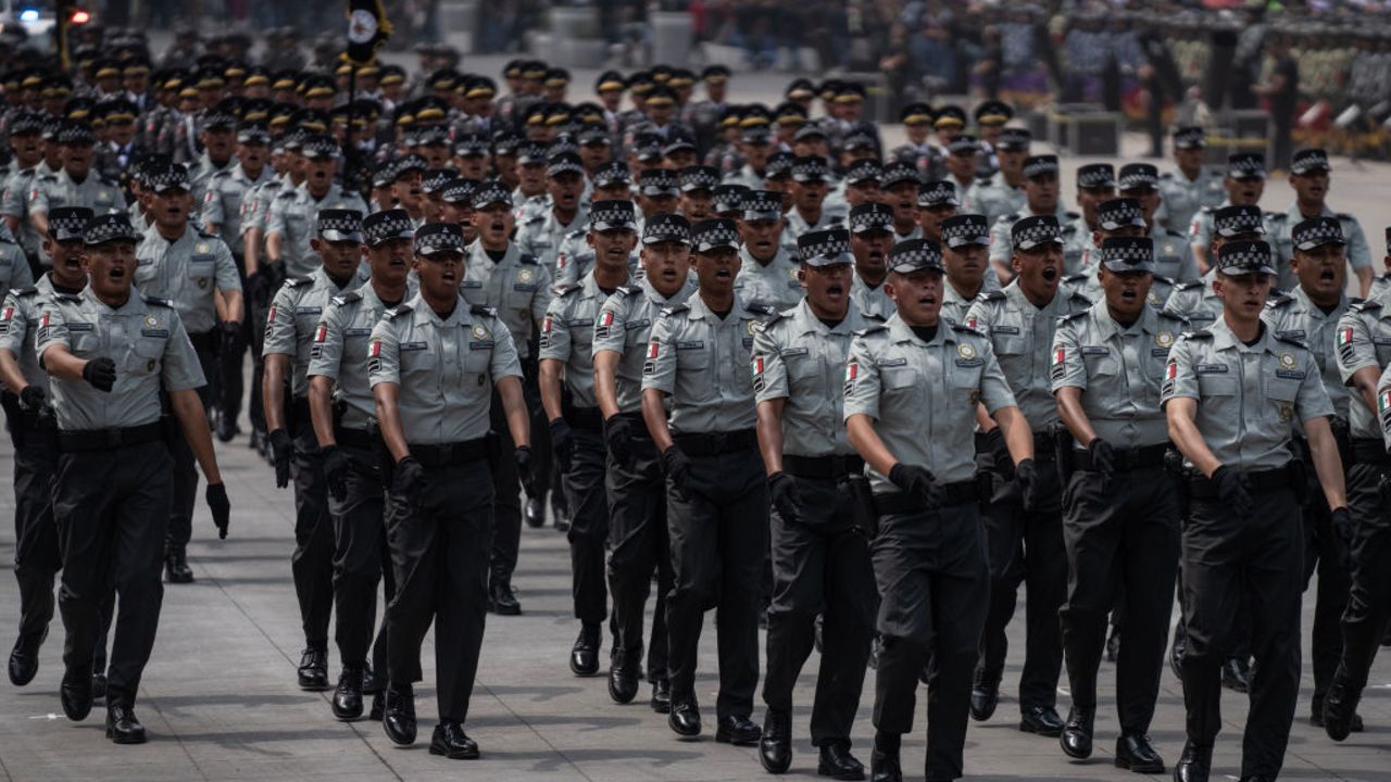 MEXICO CITY, MEXICO - SEPTEMBER 16: Members of the National Guard march during the last Independence Day military parade under President Andres Manuel Lopez Obrador at Zocalo on September 16, 2024 in Mexico City, Mexico. As part of the parade, military forces pledged allegiance to newly elected President of Mexico Claudia Sheinbaum. (Photo by Cristopher Rogel Blanquet/Getty Images)