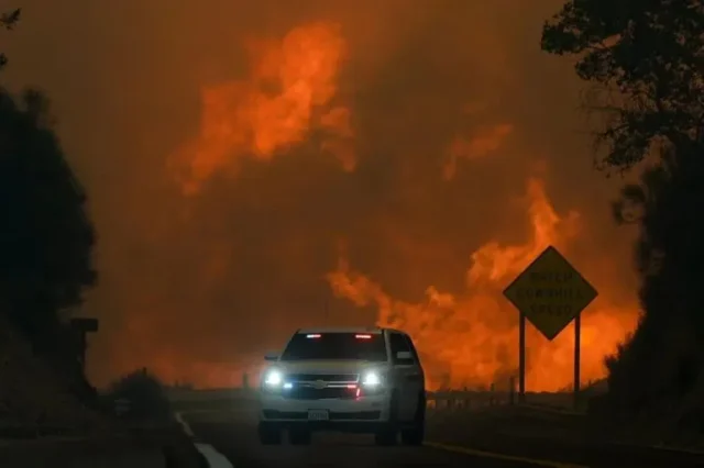 The Line Fire took hold Saturday in Highland. Credit Eric Thayer AP