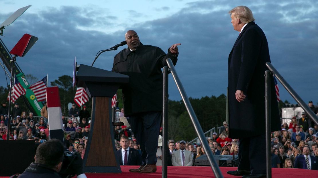 In this April 2022 photo, North Carolina Lt. Gov. Mark Robinson joins former President Donald Trump on stage during a rally in Selma, North Carolina.