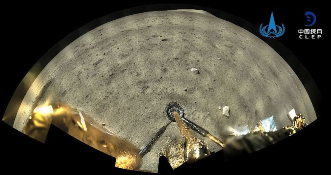 An image taken by the panoramic camera aboard the Chang'e-5 combination lander-elevator shows the lunar surface after the probe landed.