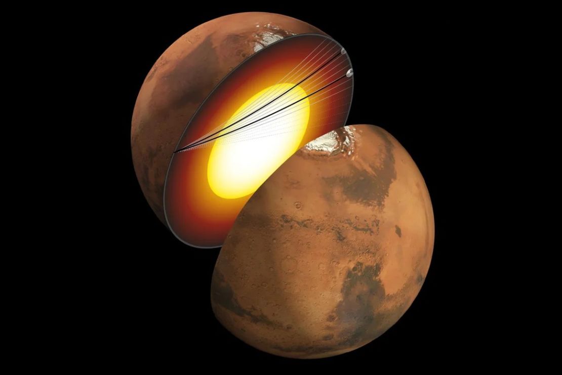 An artist's rendering shows a cross-section of Mars along with seismic wave paths from two separate earthquakes detected by InSight in 2021. Credit: NASA/JPL-Caltech/University of Maryland.