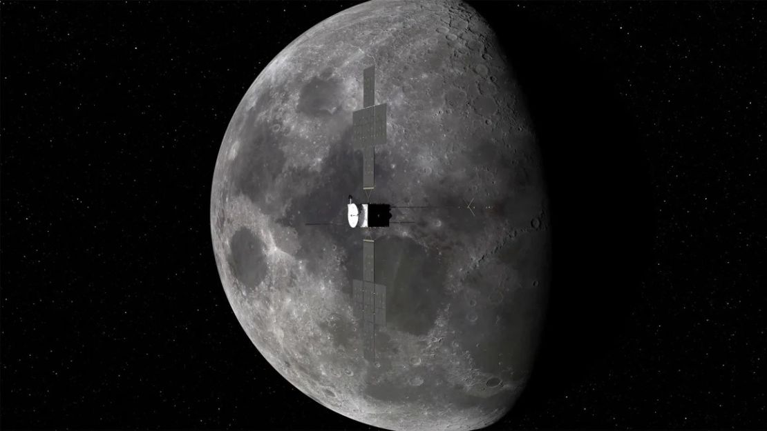 This image depicts the Juice spacecraft flying near the moon. Credit: ESA.