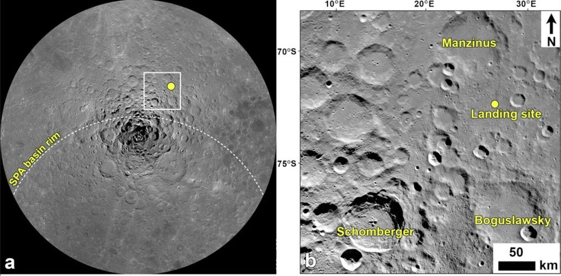 A polar mosaic image shows the Chandrayaan-3 landing site, including the Shiv Shakti point (left) and a zoomed-in view around the landing site revealing nearby craters (right). Credit: APXSPOC, PRL