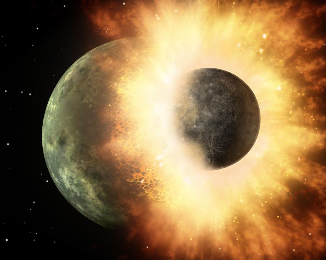 An artist's sketch shows a celestial body the size of our Moon colliding at high speed with a body the size of Mercury. Scientists believe that a Mars-sized body collided with Earth and that molten debris launched into space formed the Moon. Credit: NASA