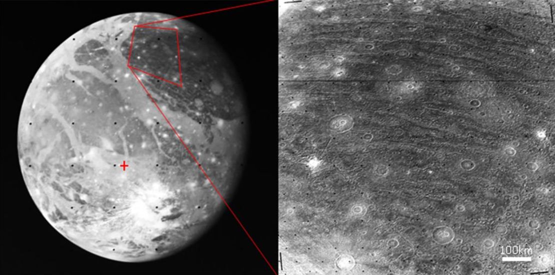 Ganymede is covered in grooves (right). In the largest furrow system, the ridges form concentric circles around a specific point (left, red cross). Credit: Naoyuki Hirata