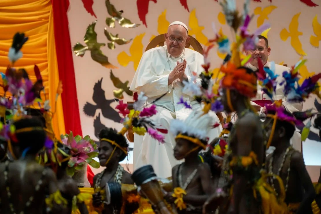 Pope Francis attends a traditional dance performed by students at Caritas Technical Secondary School in Port Moresby on Saturday.