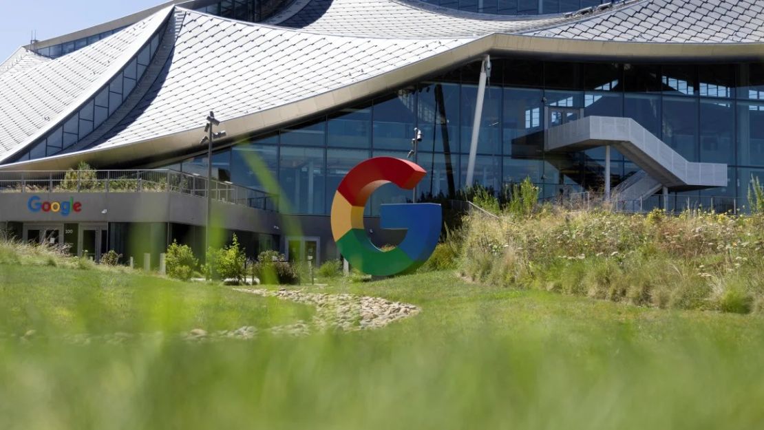 The Google logo is seen outside the Google Bay View facility during the Made by Google event in Mountain View, California, on August 13, 2024.