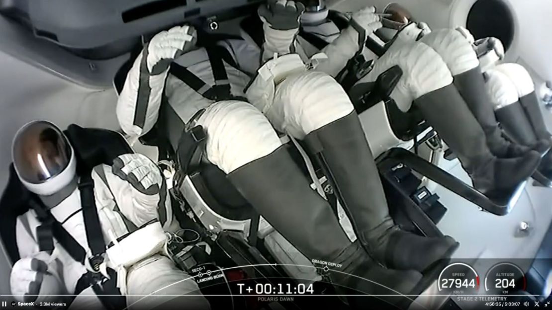 In this screenshot from the video, the Polaris Dawn crew is in the Dragon capsule shortly after launching into space on Tuesday.