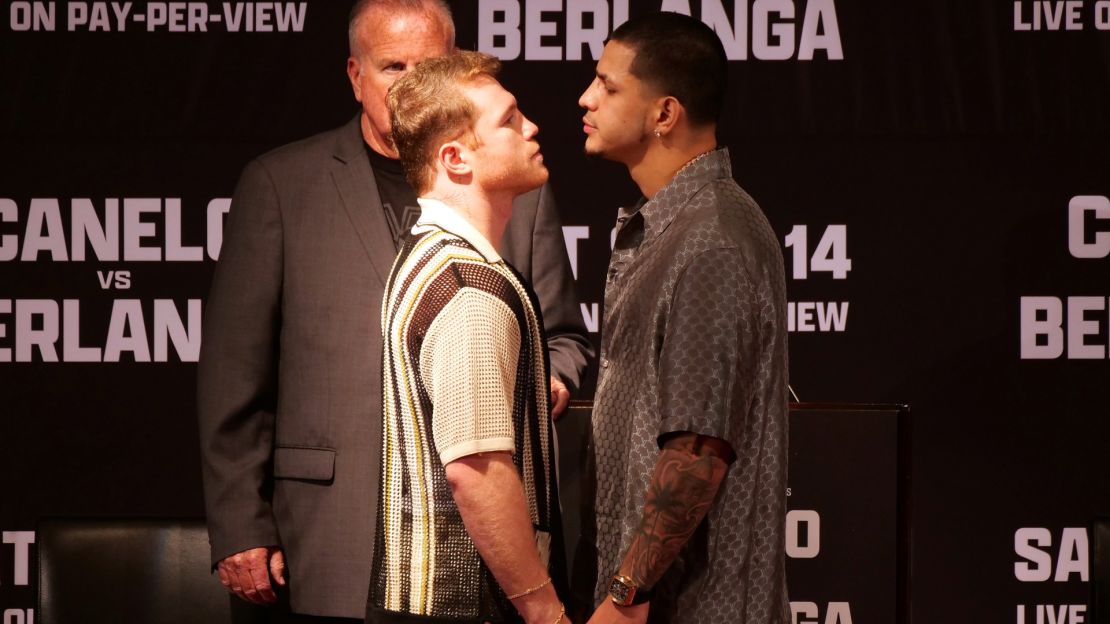 Canelo Alvarez and Edgar Berlanga face off during a press conference to promote their September 14 fight at the Beverly Hills Hotel – Crystal Ballroom on August 6, 2024 in Beverly Hills, California. Credit: Kaelin Mendez/Getty Images