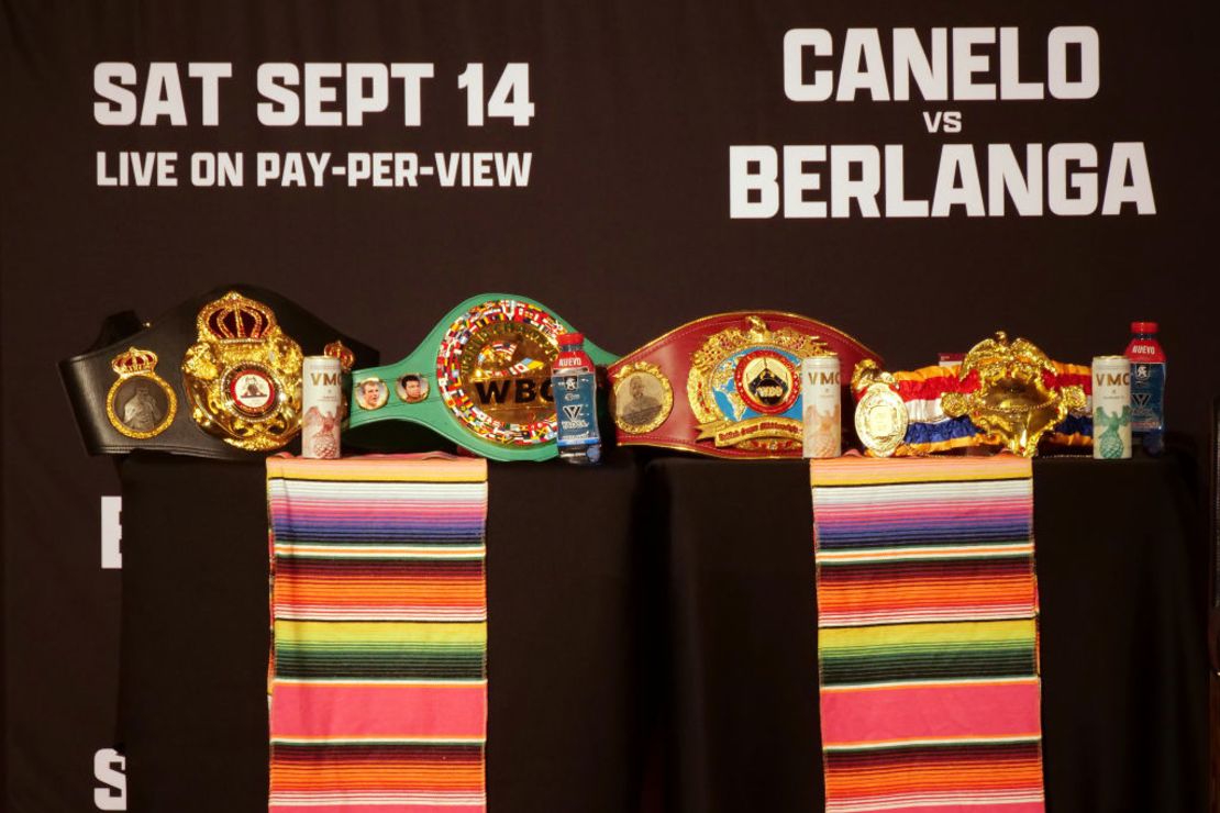 Complete card of Canelo vs. Berlanga These are the fights on Saturday before the main fight, according to the fight promoter Premier Boxing Champions (PBC): Stephen Fulton Jr. vs. Carlos Castro Rolando Romero vs. Manuel Jaimes Caleb Plant vs. Trevor McCumby Erislandy Lara vs. Danny García Canelo Álvarez vs. Edgar Berhanga What time does the event and main fight start? The event will begin on Saturday, September 14 at 8 pm (Miami time) at the T-Mobile Arena in Las Vegas, United States. Miami, United States: 8 pm (event, pre-main fights) and 11 pm (walk) Mexico City, Mexico: 6 pm (event) and 9 pm Buenos Aires, Argentina: 9 pm (event) and 12 am Bogotá , Colombia: 7 pm (event) and 10 pm Madrid, Spain: 2 am (event) and 5 am Belts and awards are on display during a press conference to promote the September 14 fight between Canelo Álvarez and Edgar Berlanga on September 6 August 2024 in Beverly Hills, California. Credit: Kaelin Mendez/Getty Images How to watch live? Mexico: ESPN, Star+, TV Azteca, Channel 5 United States: DAZN PPV, Prime Video PPV Spain: Eurosport and the app of this channel Colombia and Argentina: ESPN Other parts of the world: DAZN PPV and PPV