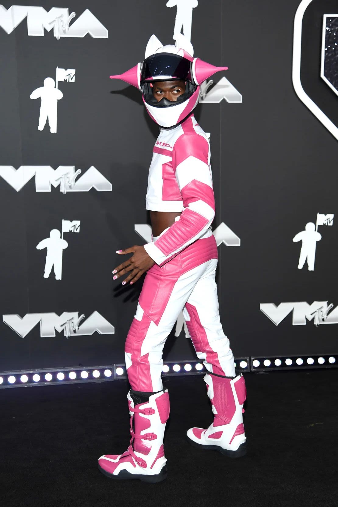 Lil Nas X's bold pink outfit left social media users wondering if he was channeling his inner Power Ranger. Credit: Noam Galai/Getty Images.