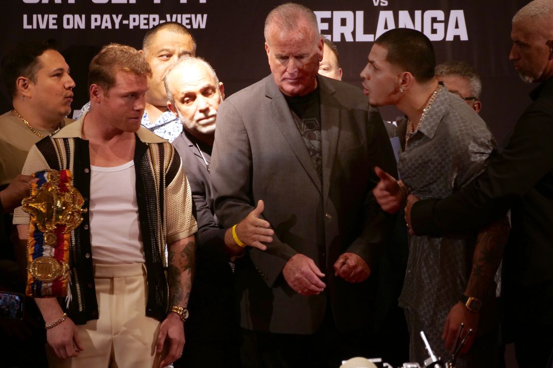 BEVERLY HILLS, CALIFORNIA - AUGUST 6, 2024: Canelo Alvarez and Edgar Berlanga at the September 14 fight promotion tour press conference.