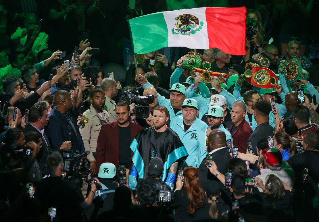 LAS VEGAS, NEVADA - May 4, 2024. Canelo Álvarez makes his entrance for the undisputed title fight against Jaime Munguía at the T-Mobile Arena.