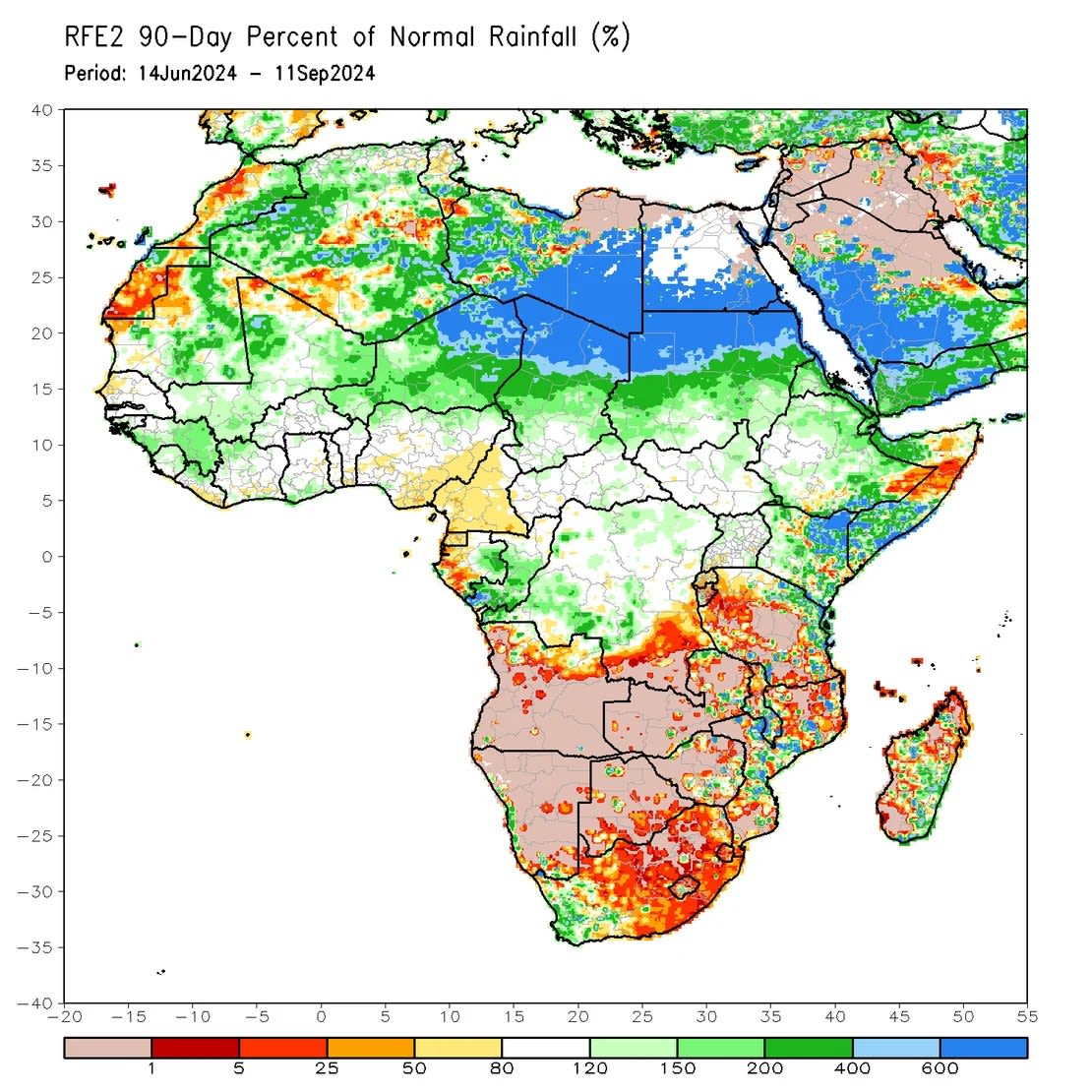 The deviations of precipitation from normal are seen. Areas in blue indicate areas where between 400% and more than 600% of the usual rainfall has fallen from mid-July to early September. Areas in white indicate near-normal precipitation and areas in yellow, orange and red indicate below-normal precipitation.