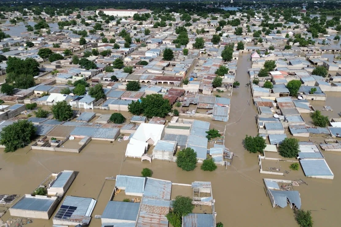 This aerial view shows houses submerged under flood waters in Maiduguri, northeastern Nigeria, on September 10, 2024.