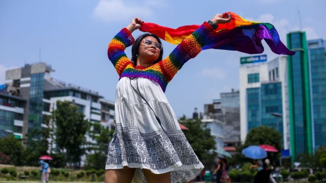 Activists and members of the LGBTQ+ community parade in Kathmandu, Nepal, on June 10, 2023.