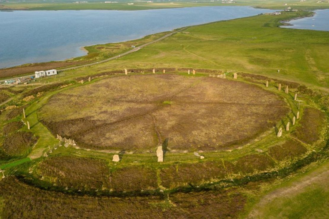 An aerial view shows the wide expanse of the Ring of Brodgar, a huge ceremonial stone circle on the continent that dates back to the third millennium BC.