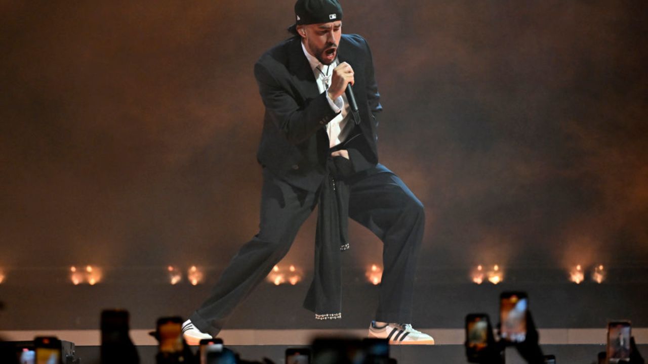 LAS VEGAS, NEVADA - FEBRUARY 23: Bad Bunny performs during a stop of the Most Wanted Tour at T-Mobile Arena on February 23, 2024 in Las Vegas, Nevada. (Photo by David Becker/Getty Images)