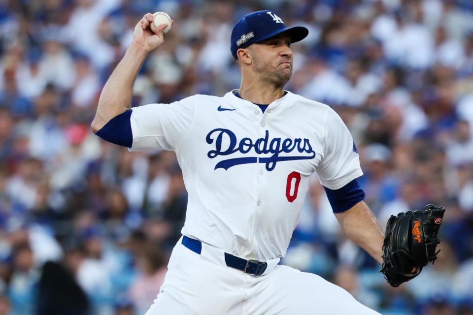 Jack Flaherty cumple durante la primera entrada del Juego 1 de la Serie de Campeonato de la Liga Nacional contra los Mets el domingo.